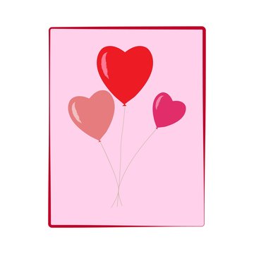 Heart balloon on square. Colorful balloons on white background. Romantic symbol join, love, birthday, and wedding. Color mark of valentine day and holiday card. Design element. Vector illustration.