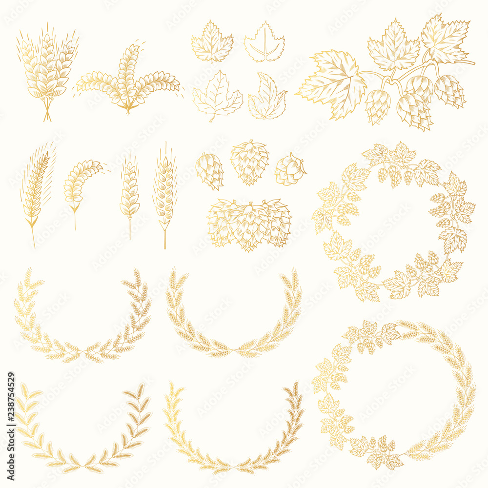Wall mural Set of golden award laurel wreath with barley, malt, rye, wheat ears, hop cone and leaves for label design. Winner beer frames. Vector isolated illustration. - Wall murals