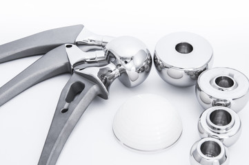 Surgical artificial dentures for hip bone made of stainless steel in white background