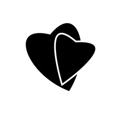 Two hearts black on white background sign. Symbol linked, join, love, passion and wedding. Monochrome template for t shirt, apparel, card, poster, valentine day. Design element. Vector illustration.