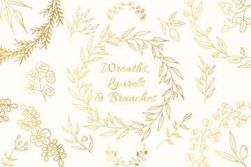 Fototapeta na wymiar Hand drawn golden botanical branches, floral wreaths and laurels. Flourish dividers. Vector isolated elements. Gold wedding borders for invitation card.
