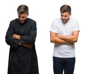 Collage of handsome young man and catholic priest over isolated background with hand on stomach because nausea, painful disease feeling unwell. Ache concept.