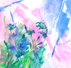 Watercolor bouquet of blue flowers, Beautiful abstract splash of paint, fashion illustration.Blue, pink, purple  cornflower, iris, wildflowers, field or garden flowers. Watercolor abstract. 
