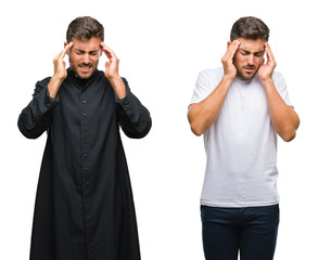 Collage of handsome young man and catholic priest over isolated background with hand on head for pain in head because stress. Suffering migraine.