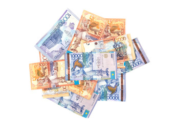 Kazakhstan money bills isolated on white background. tenge banknotes