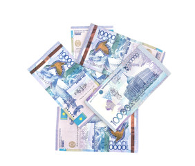 Obraz na płótnie Canvas Kazakhstan money bills isolated on white background. tenge banknotes