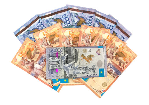 Kazakhstan money bills isolated on white background. tenge banknotes