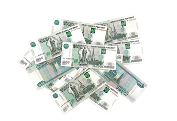 Russian banknotes of one thousand rubles isolated on white background