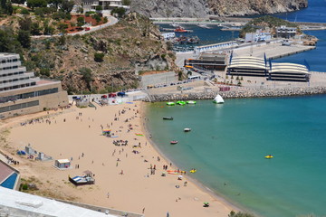 The incredible seascaping view of beach with blue sea in morocco in summer