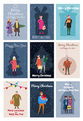 Merry Christmas and Happy New Year, card template with people characters, men and women in winter clothes, trend retro cartoon to style vector, illustration, isolated, banner, template