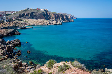 The incredible seascaping view of beach with blue sea in morocco in summer