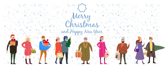 Fototapeta premium Merry Christmas and New Year, card template with people characters, men and women in winter clothes come with gifts, trend retro flat cartoon to style vector, illustration, isolated, banner
