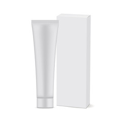 Plastic tube with cardboard box mockup isolated on white background. Blank cosmetic packaging mock up. Vector illustration