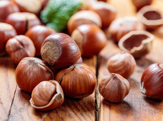 hazelnuts close up on wooden table