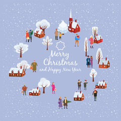 Merry Christmas and New Year, card template with people characters, men and women in winter clothes come with gifts, trend retro flat cartoon to style vector, illustration, isolated, banner