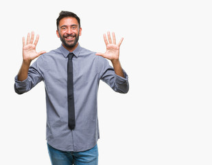 Adult hispanic business man over isolated background showing and pointing up with fingers number ten while smiling confident and happy.