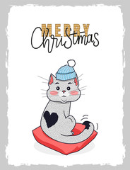 Merry Christmas Postcard Cat in Winter Hat. Kitten