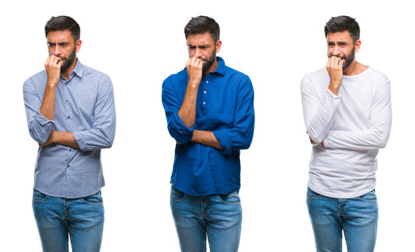 Collage of handsome young indian man over isolated background looking stressed and nervous with hands on mouth biting nails. Anxiety problem.