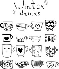 Collection of drawn cups of tea and coffee. Winter drinks. Art can be used for a restaurant menu, coffee shop and cafe.