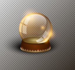 Vector snow globe empty template isolated transparent background. Christmas magic ball. Yellow glass ball dome, wooden stand golden crown decor. Winter holiday crystal. Xmas toy sphere. Witch ball.
