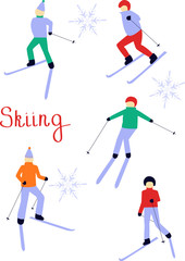 Fototapeta premium Drawing of skiing people. Christmas illustration. Winter sports.