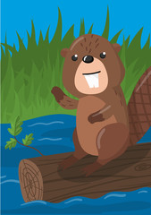 Cute beaver vector illustration with woodland animal, design element for banner, flyer, placard, greeting card, cartoon style