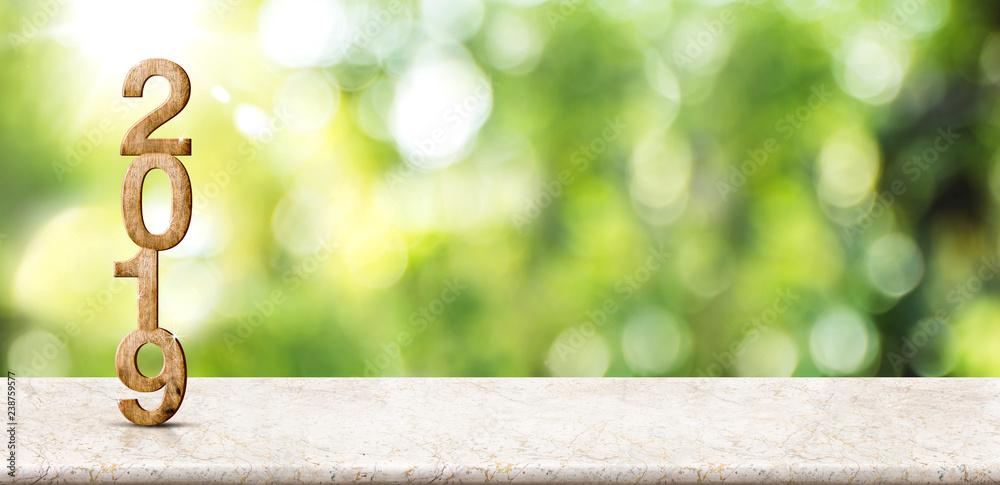 Poster new year 2019 wood number (3d rendering) on marble table at blur abstract green bokeh with sun ray b