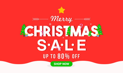 Fototapeta na wymiar Merry Christmas Sale Vector illustration, Typography on red background, Flat design