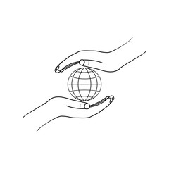 Globe on palms on white background sign. Modern symbol for security Earth, protection environment, planet. Template for logo, label, poster, t shirt, etc. Design element. Vector illustration.
