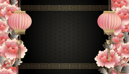Happy Chinese new year retro relief pink peony flower lantern spiral cross lattice frame border © Phoebe Yu