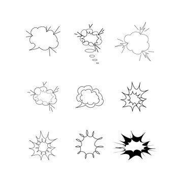 Comics for sound speech effect bubbles isolated on white background illustration. Monochrome silhouette frame for inscriptions. Humorous bubbles comic set for cloud speech. Vector illustration
