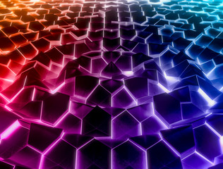 Abstract wave form glow light color hexagonal background. Grunge Polygonal Hex geometry surface . Futuristic colorful technology texture concept. 3d Rendering.