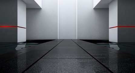 Abstract big space interior hall way with long corridor. Futuristic modern background. 3d rendering.