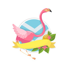 Tropical summer label, design element with palm leaves, flowers, pineapples and flamingo vector Illustration