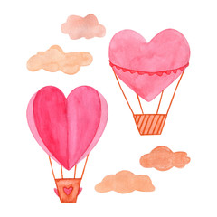 Hand getekende aquarel illustratie, hete luchtballon in de lucht. Valentijnsdag, aquarel illustratie. Geïsoleerde objecten perfect voor Valentijnsdag kaart of romantische postkaarten. Ontwerp hartelementen.