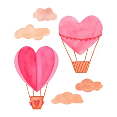 Afwasbaar behang Aquarel luchtballonnen Hand getekende aquarel illustratie, hete luchtballon in de lucht. Valentijnsdag, aquarel illustratie. Geïsoleerde objecten perfect voor Valentijnsdag kaart of romantische postkaarten. Ontwerp hartelementen.