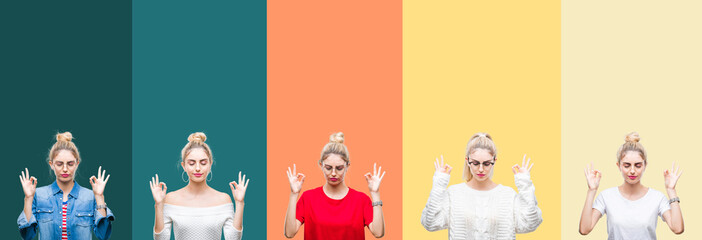 Collage of young beautiful blonde woman over vivid colorful vintage stripes isolated background relax and smiling with eyes closed doing meditation gesture with fingers. Yoga concept.