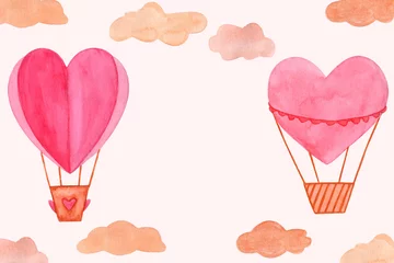 Tuinposter Aquarel luchtballonnen Hand getekende aquarel illustratie, hete luchtballon in de lucht. Valentijnsdag, aquarel illustratie. Geïsoleerde objecten perfect voor Valentijnsdag kaart of romantische postkaarten. Ontwerp hartelementen.