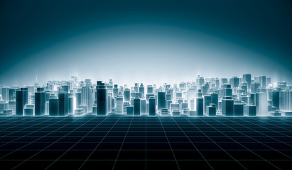 Fototapeta na wymiar Abstract Futuristic city scape With Neon Glowing Light White Color on blue. Hi-Tech Dark building background concept with line. 3D Rendering Illustration