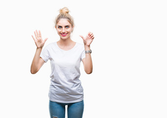 Young beautiful blonde woman wearing white t-shirt over isolated background showing and pointing up with fingers number six while smiling confident and happy.