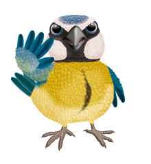 oiseau, mésange, dessin animé, joli, isolé, illustration, stop, attitude, chouette, animal, bleu, jouet, drôle, 3-d, jaune, 