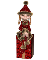 Christmas Elf or Imp Girl Sitting on a Gift - fantasy illustration
