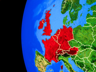 Western Europe from space on realistic model of planet Earth with country borders and detailed planet surface.