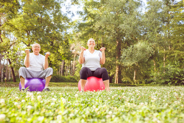 Fototapeta premium Senior exercise - Senior couple exercise together on fitness ball in park.