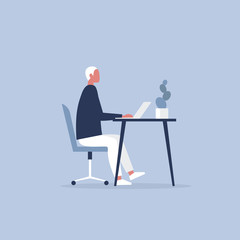 Young male character working in the office. Furniture. Cabinet. Workspace. Millennials at work. Flat editable vector illustration, clip art