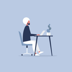 Young indian character working in the office. Furniture. Cabinet. Workspace. Millennials at work. Flat editable vector illustration, clip art