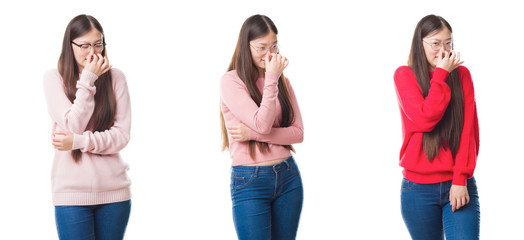 Fototapeta premium Collage of young beautiful Chinese woman over isolated background smelling something stinky and disgusting, intolerable smell, holding breath with fingers on nose. Bad smells concept.