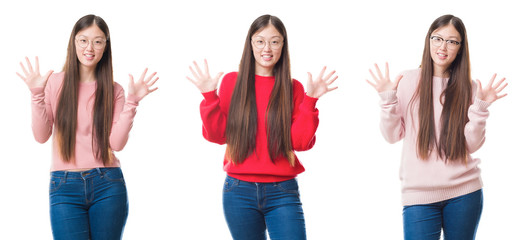 Collage of young beautiful Chinese woman over isolated background showing and pointing up with fingers number ten while smiling confident and happy.