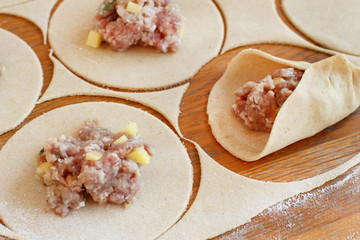 Raw meat pelmeni, ravioli, dumplings