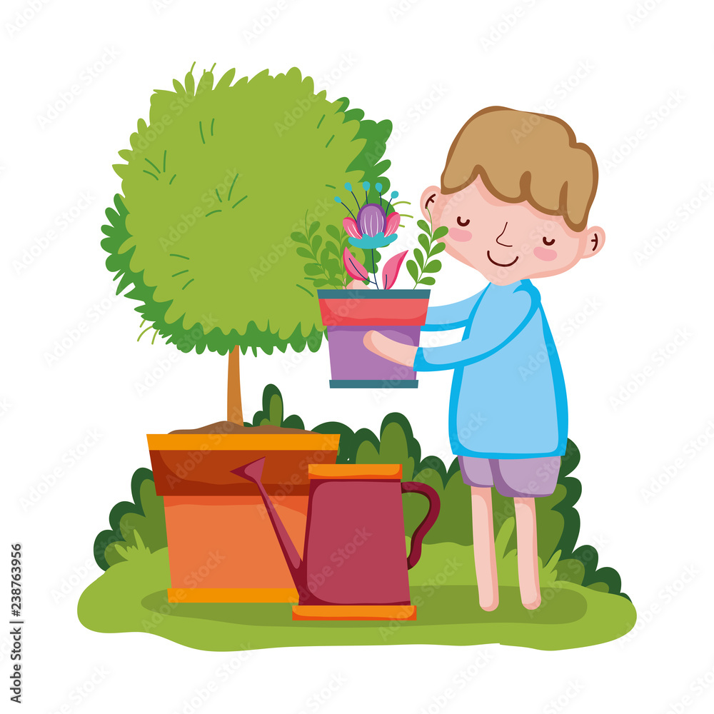 Poster boy lifting houseplant with sprinkler and tree